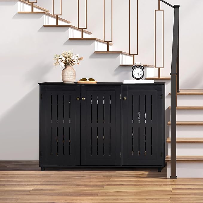 Topeakmart Shoe Rack Frees Standing Storage Organizer 4 Tier Shoe Shelf Storage Louvered Door Entryway Hallway Furniture for Living Room Bathroom Black