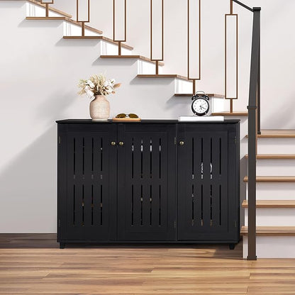 Topeakmart Shoe Rack Frees Standing Storage Organizer 4 Tier Shoe Shelf Storage Louvered Door Entryway Hallway Furniture for Living Room Bathroom Black