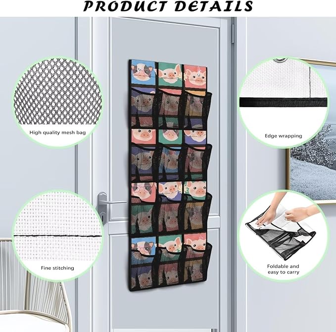 Funny Pig 12 Pockets Over the Door Shoe Organizer,Hanging Shoe Organizer for Door with 12 Mesh Pockets, Large Capacity Shoe Hanging Storage Bag,Headphone Storage Classroom