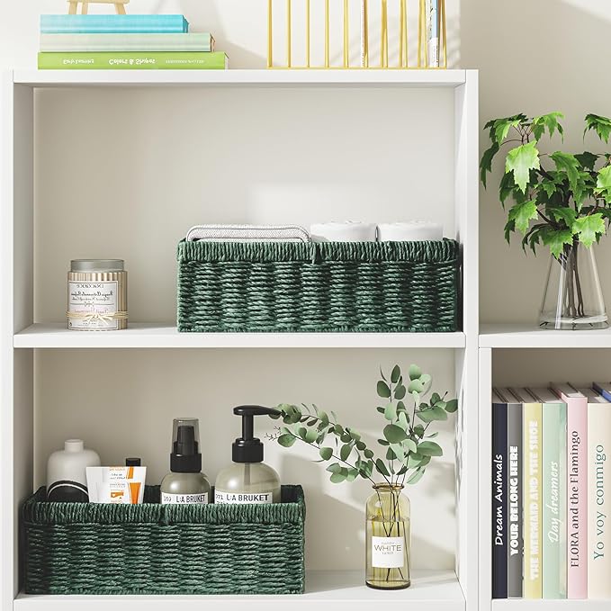Vagusicc Wicker Storage Basket, Paper Rope Wicker Baskets with Handles, Toilet Paper Basket for Toilet Tank Top, Small Wicker Baskets for Organizing Shelves, 2-Pack, Green