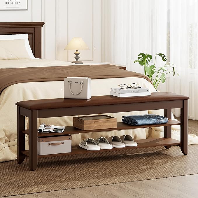 Homleke Shoe Rack Bench with Flip-Top Storage, Solid Wood Entryway Bench with Cushion, Adjustable Shelf, for Hallway, Mudroom, Closet – Walnut, 47.2"