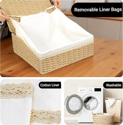 Nonam Large Basket with Lid set of 3, Rattan Divided Baskets Organizer for Shelf, Natural Wicker Storage Basket Bins for Closet, Boho Shelf Decor Covered Basket Home Storage Container
