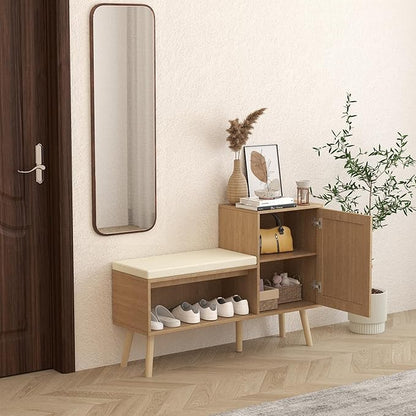 2-in-1 Shoe Storage Bench, Rattan Shoe Cabinet with 2 Adjustable Shelves and Removable Seat Cushion, Modern Entryway Bench, Shoe Storage Organizer, Shoe Rack for Hallway, Bedroom