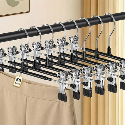 POZEAN Pants Hangers with Clips for Women 50 Pack, 12Inch Adjustable Heavy Duty Skirt Hangers, Space Saving Non-Slip Shorts Jeans Trousers Clothes Hangers, Black