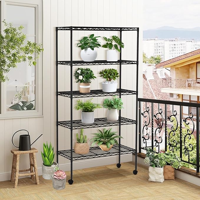 5-Tier Wire Shelves 61" H x 30" x 14" Metal Storage Shelves Adjustable Wire Shelving Rack with Wheels & Leveling Feet NSF Metal Shelf Unit for Kitchen Pantry, 1200Lb Capacity, Black