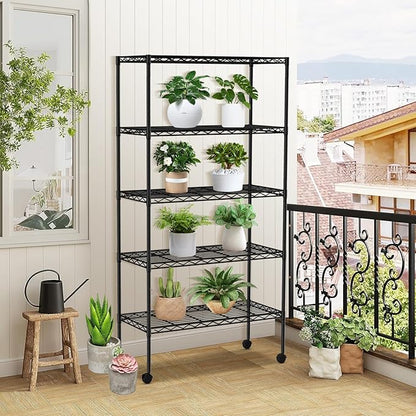 5-Tier Wire Shelves 61" H x 30" x 14" Metal Storage Shelves Adjustable Wire Shelving Rack with Wheels & Leveling Feet NSF Metal Shelf Unit for Kitchen Pantry, 1200Lb Capacity, Black