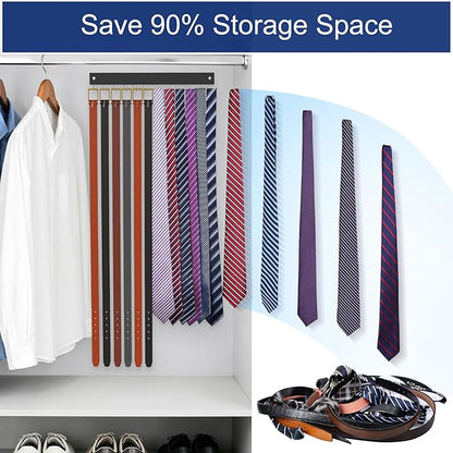 2 Pack Belt Hanger Wall Mount, Large Capacity Tie and Belt Organizer for Wall with 24 180°Rotating Non Slip Hooks, Heavy-Duty Wooden Tie Rack Space Saving Closet Organizers and Storage, Black