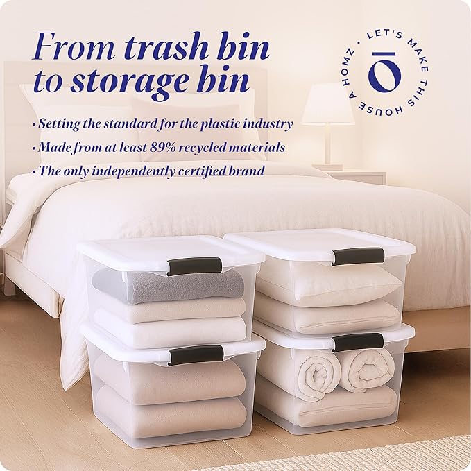 HOMZ 4-Pack Secure Latch, Clear Plastic Storage Organizer Bins, 66 Quart, Gray Latches - Stackable Container Boxes for Bedroom, Bathroom, Garage, and Office Organization