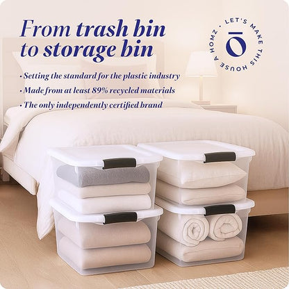 HOMZ 4-Pack Secure Latch, Clear Plastic Storage Organizer Bins, 66 Quart, Gray Latches - Stackable Container Boxes for Bedroom, Bathroom, Garage, and Office Organization