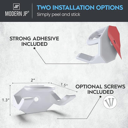 Modern JP Adhesive Hat Hooks for Wall (16-Pack) - Hat Rack for Baseball Caps, Minimalist Hat Display, Strong Hold Hat Hangers for Wall - USA Patented, White