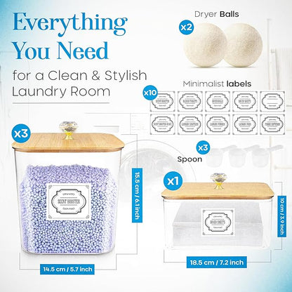 Laundry Detergent Container Set (4 Jars) with Bamboo Lids | Storage Jars Organizers for Pods, Powder, Beads & Liquid Soap Includes 2 Wool Dryer Balls | Laundry Room Organization Essentials