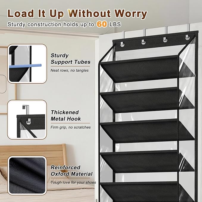 MISSLO 36 Pairs Clear Over the Door Shoe Organizer Closet Hanging Shoe Rack for Door with Large Deep Pockets Shoes Hanger Holder for Sneakers, Boots, Heels Storage (Black)