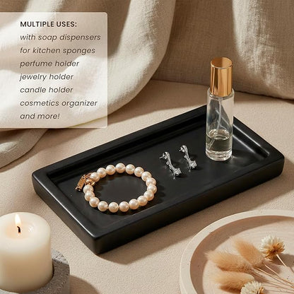 MaisoNovo Black Bathroom Tray Countertop - 7.4x5.1 inch Handcrafted Ceramic Kitchen Tray for Soap Bottles, Perfume, Jewelry - Moisture Resistant - Rectangle Bathroom Dish with 4 Anti-Slip Pads