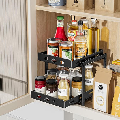 BOIVSHI Pull Out Spice Racks for Inside Cabinets, 2-Tier Cabinet Spice Rack, Height Adjustable Spice Rack Organizer for Cabinet, Kitchen Vertical Spice Rack (9.7''Wx10.8''Dx9.2''H, Metal Black)
