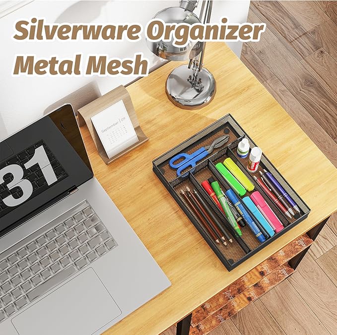 Sedegn Silverware Organizer Metal Mesh, Small Drawer Organizer, Utensil Cutlery Tray for kitchen drawers, Flatware Organizer with 5 Compartment, Black(9.3"*12.6")