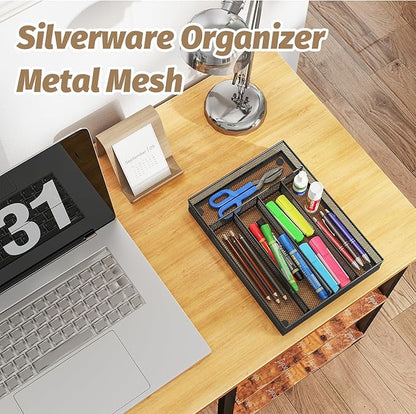 Sedegn Silverware Organizer Metal Mesh, Small Drawer Organizer, Utensil Cutlery Tray for kitchen drawers, Flatware Organizer with 5 Compartment, Black(9.3"*12.6")