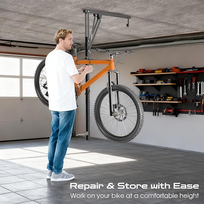 Vanesa Hydraulic Bike Ceiling Mount for Garage - Heavy Duty Pull Down Bike Hanger, Folding Overhead Bike Storage Hoist Holds Up to 66 lbs, Space Saving Bicycle Mount for Garage/Indoor