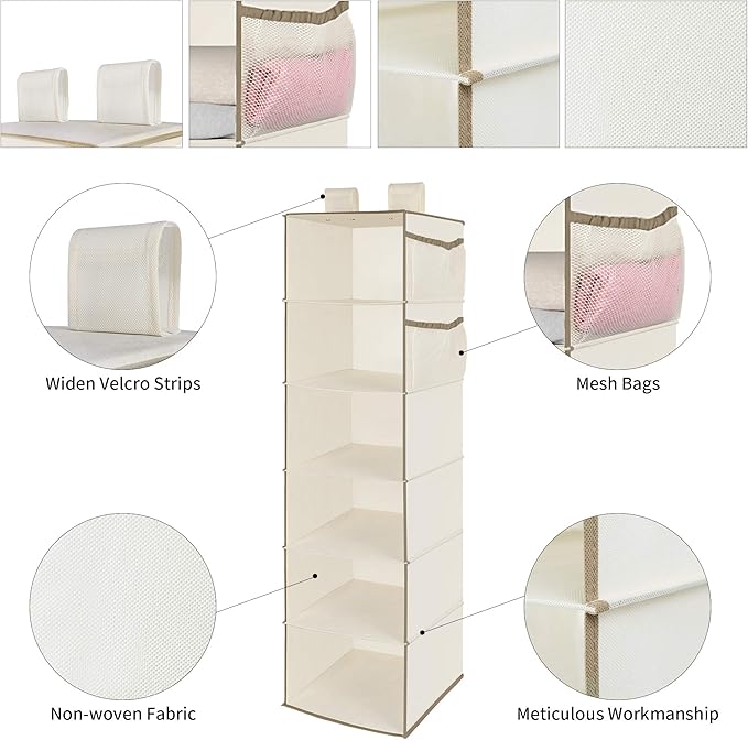 MAX Houser 6 Tier Shelf Hanging Closet Organizer, Closet Hanging Shelf with 2 Widen Straps for Storage, Foldable (Beige2) | Shelf