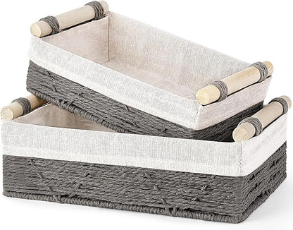 Mkono Woven Storage Basket Wicker Baskets for Organizing Toilet Paper, Decorative Bins with Handle for Toilet Tank Top Countertop Shelves, Decor for Bedroom Living Room Apartment, Set of 2, Grey