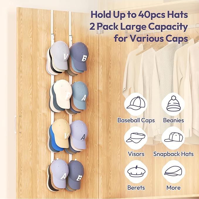 SWTYMIKI Over Door Hat Rack - 2 Packs Metal Hanging Hat Organizer with 8 Hooks Design, Baseball Cap Hanger Organizer Storage Holds up to 40 Caps for Door, Bedroom, Closet