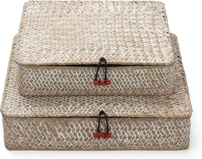 Whitewash Seagrass Basket with Lid Rectangular Decorative Storage Boxes for Shelf Organize Snack Toys Set of 2 (Large+Small)