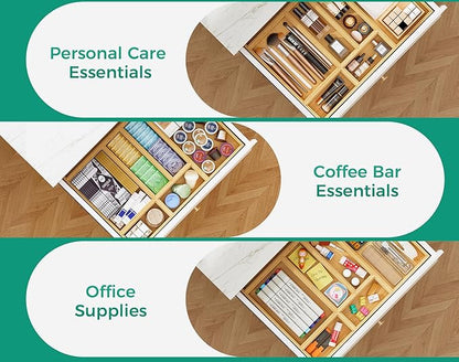 Bamboo Kitchen Drawer Organizer Boxes – 9" x 6" Stackable Wood Silverware Utensil Tray for Drawers Bins, Cutlery & Flatware Storage – Wooden Organizers Set of 2 for Junk Drawer, Bathroom, RV