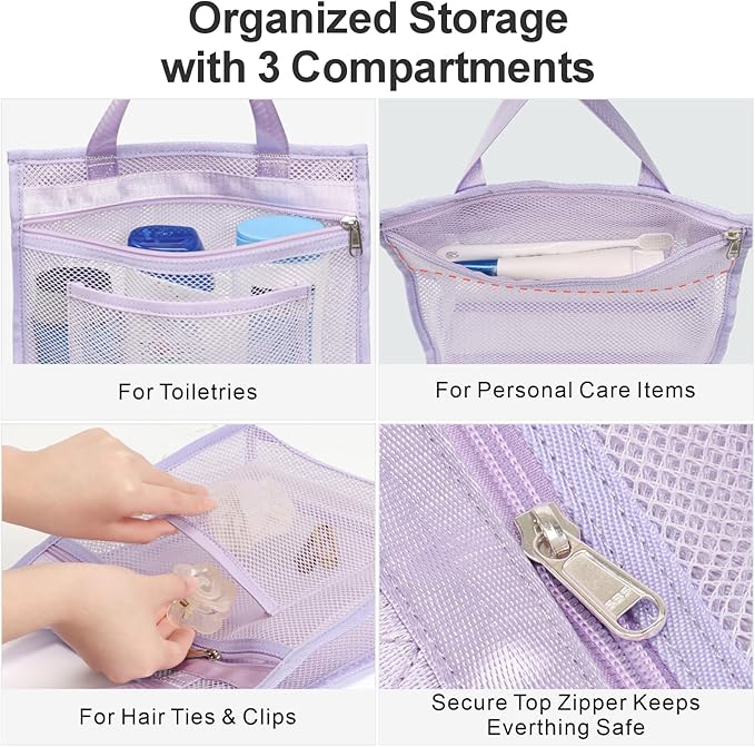 F-color Mesh Shower Caddy Portable Hanging - 3 Pockets Small Shower Bag Tote for Camping, Gym, Travel, Toiletry, Quick Dry Bathroom Essentials with S Hook, Purple