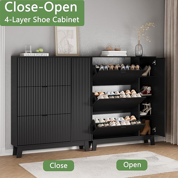 Xixini Shoe Cabinet with 3 Flip Drawers, 54" Tall Narrow Fluted Shoe Storage Organizer for Entryway, Hidden Wooden Shoe Rack with Adjustable Side Cabinet for Front Door Entrance, Hallway, Solid Black