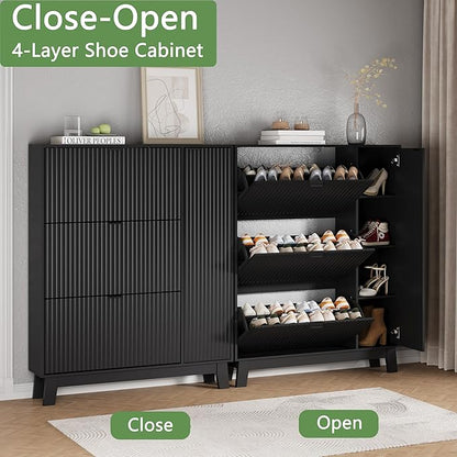 Xixini Shoe Cabinet with 3 Flip Drawers, 54" Tall Narrow Fluted Shoe Storage Organizer for Entryway, Hidden Wooden Shoe Rack with Adjustable Side Cabinet for Front Door Entrance, Hallway, Solid Black