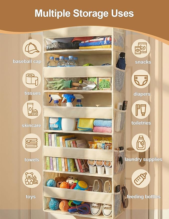 Over the Door Organizer 5-Shelf Closet Hanging Storage with 10 Mesh Pockets, 50 lbs Weight Capacity Door Organizer Hanging for Bathroom, Bedroom, Baby Nursery and Pantry, Ivory