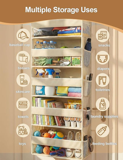 Over the Door Organizer 5-Shelf Closet Hanging Storage with 10 Mesh Pockets, 50 lbs Weight Capacity Door Organizer Hanging for Bathroom, Bedroom, Baby Nursery and Pantry, Ivory