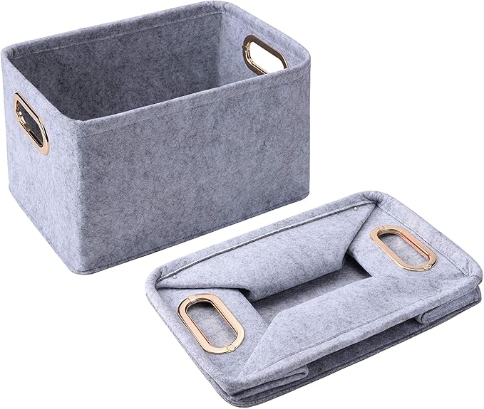 Collapsible Storage Bins Foldable Felt Fabric Storage Basket Organizer Boxes Containers with Handles Metal Handles for Nursery Toys,Kids Room,Clothes,Towels,Magazine (Light grey, 15.9L×11W×9.8H)