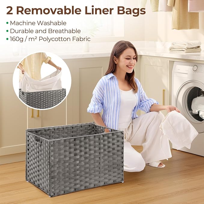 GREENSTELL Storage Basket with Lid, 27.7 Gallon(105L) Lagre Wicker Blanket Storage Basket with Handles, Foldable, 2 Removable Liner Bags, Metal Frame, for Bedroom, Laundry Room, Grey,25.6"*15.7"*15.7"