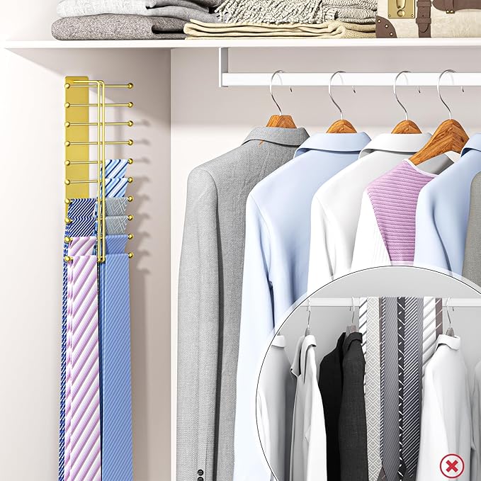 Tie Rack Wall Mounted, Tie Organizer for Men, Tie Rack Hanger for Closet Metal, Adhesive Tie Holder Organizer with 20 Hooks, Tie Storage for Wall Bedroom Living Room Dresser Room (Gold)