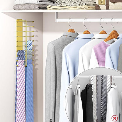 Tie Rack Wall Mounted, Tie Organizer for Men, Tie Rack Hanger for Closet Metal, Adhesive Tie Holder Organizer with 20 Hooks, Tie Storage for Wall Bedroom Living Room Dresser Room (Gold)