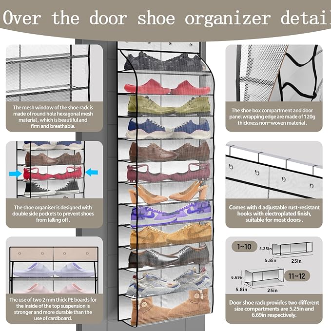 PAULONE 12 Pocket Over the Door Shoe Organizer,Reusable Breathable Large Mesh Bag Men's & Women's Sneaker Organizer,Shoe Organizer for Kids,Hanging Shoe Storage Hanging Bag (White)