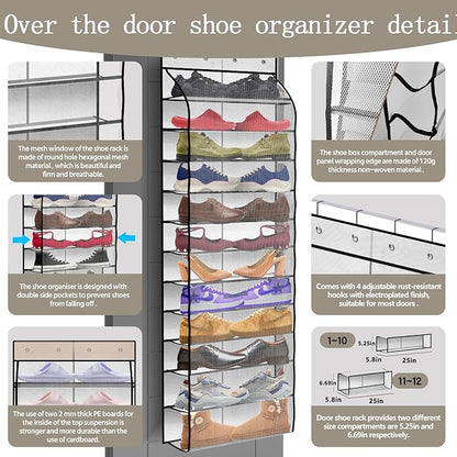 PAULONE 12 Pocket Over the Door Shoe Organizer,Reusable Breathable Large Mesh Bag Men's & Women's Sneaker Organizer,Shoe Organizer for Kids,Hanging Shoe Storage Hanging Bag (White)