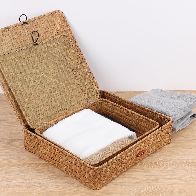 Moosky Flat Wicker Shelf Baskets with Lid, Seagrass Woven Basket Boxes for Storage Basket Bins Multipurpose Home Decor Organizer (Natural Small)