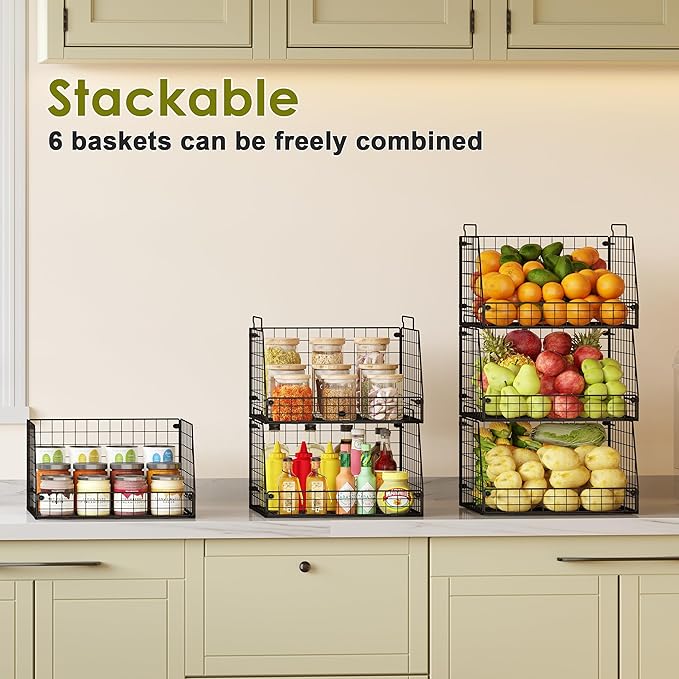 Jakyitvi Stackable Wire Baskets for Pantry,6 Pank Metal Pantry Organizer Storage Bins for Kitchen Snack, Fruit, Potato, Onion & Vegetable Storage, Wire Baskets for Pantry Organization
