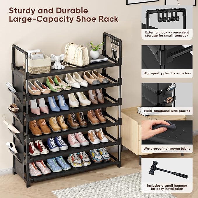 Mavivegue 6 Tier Shoe Rack for 25-30 Pairs of Shoes,Metal Shoe Rack with Hook and Side Pocket for Closet,Entryway,Hallway,Dorm (6 Tier with Hook)