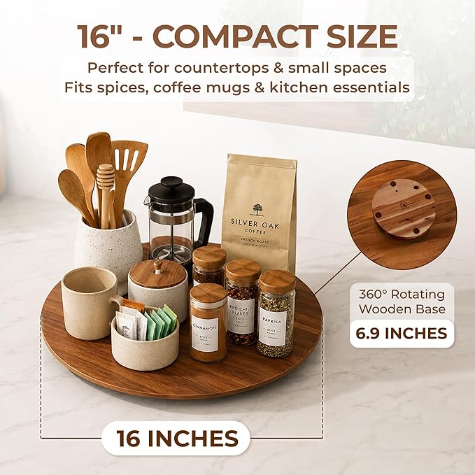 16" Acacia Wood Turntable Organizer | Lazy Susan for Table Top, Cabinet or Pantry | Wooden Rotating Tray for Kitchen Countertop, Durable, Easy to Clean, No Assembly Needed