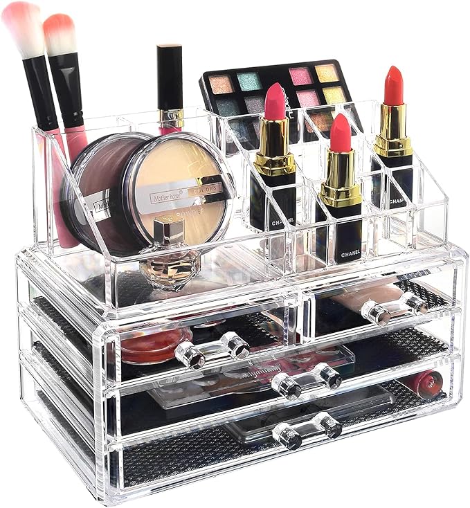 Ikee Design Acrylic Makeup Organizer with 4 Drawers and Removable Top Lipstick Holders, Ideal for Make-up or Accessories,Enhance Your Vanity or Bathroom with Clear Design for Quick Visibility