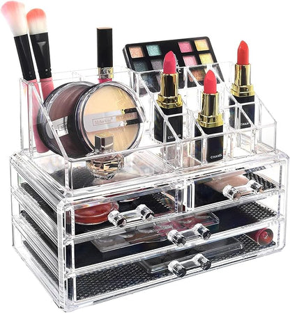 Ikee Design Acrylic Makeup Organizer with 4 Drawers and Removable Top Lipstick Holders, Ideal for Make-up or Accessories,Enhance Your Vanity or Bathroom with Clear Design for Quick Visibility