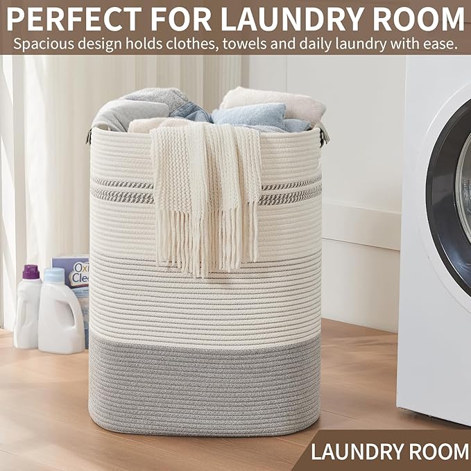 AINUOQI Laundry Basket with Handles - Blanket Basket & Hampers for Bedroom Aesthetic, Laundry Hamper & Blanket Storage for Living Room, Clothes Hamper, Tall, Large 17" x 14" x 22”, Grey