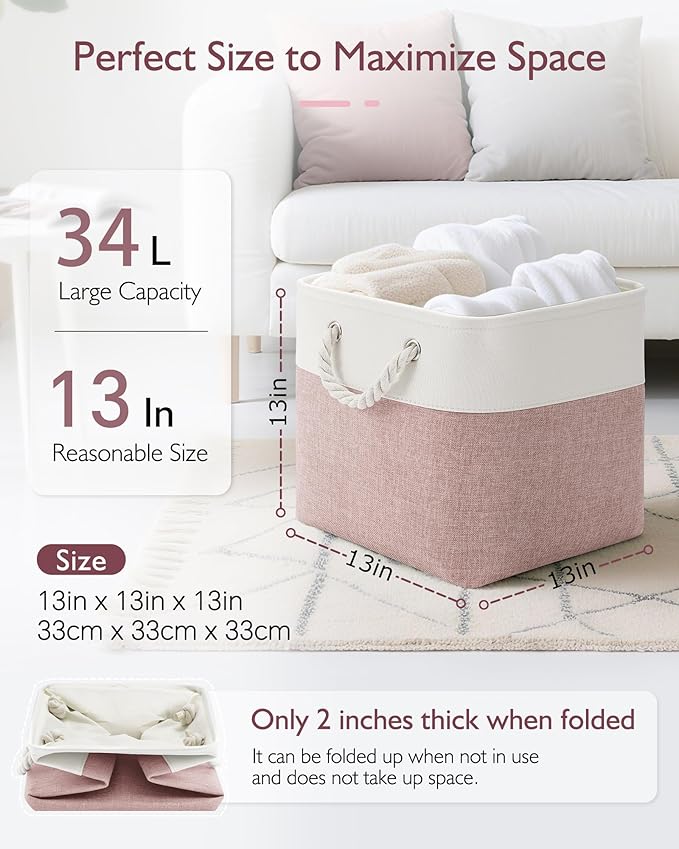 Patvingot 13x13x13 Cube Storage Bins,4 Pack Large Foldable Fabric Storage Cubes with Handles for Organizing Home, Closet, Shelf, Office(White&Pink)
