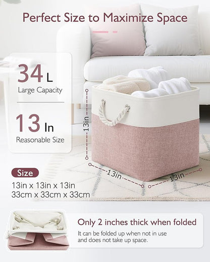 Patvingot 13x13x13 Cube Storage Bins,4 Pack Large Foldable Fabric Storage Cubes with Handles for Organizing Home, Closet, Shelf, Office(White&Pink)