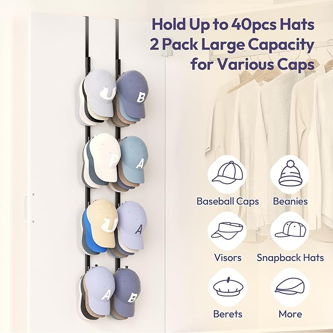 SWTYMIKI Over Door Hat Rack - 2 Packs Hat Organizer with 8 Hooks Design, Hanging Baseball Cap Organizer Storage Holds Up to 40 Caps for Door, Bedroom, Closet (Black)