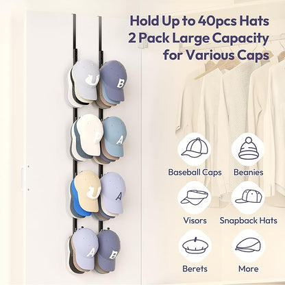 SWTYMIKI Over Door Hat Rack - 2 Packs Hat Organizer with 8 Hooks Design, Hanging Baseball Cap Organizer Storage Holds Up to 40 Caps for Door, Bedroom, Closet (Black)