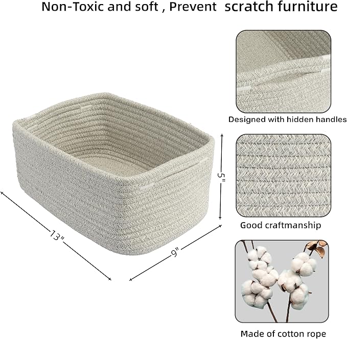 XUANGUO Small Woven Storage Baskets 13“X9”X5“ Decorative Rope Bins for Organizing Shelves, Closets, and Toys, Empty Gift Baskets, Cute Organizer Basket for Home and Office (grey, Large)
