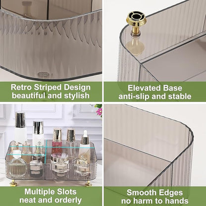 DASITON Makeup Organizer Countertop for Vanity, 5 Slots Makeup Brush Holder Organizer, Vintage Makeup Perfume Tray Cosmetic and Skincare Organizers for Bedroom Bathroom Counter, Desk Storage (Grey)